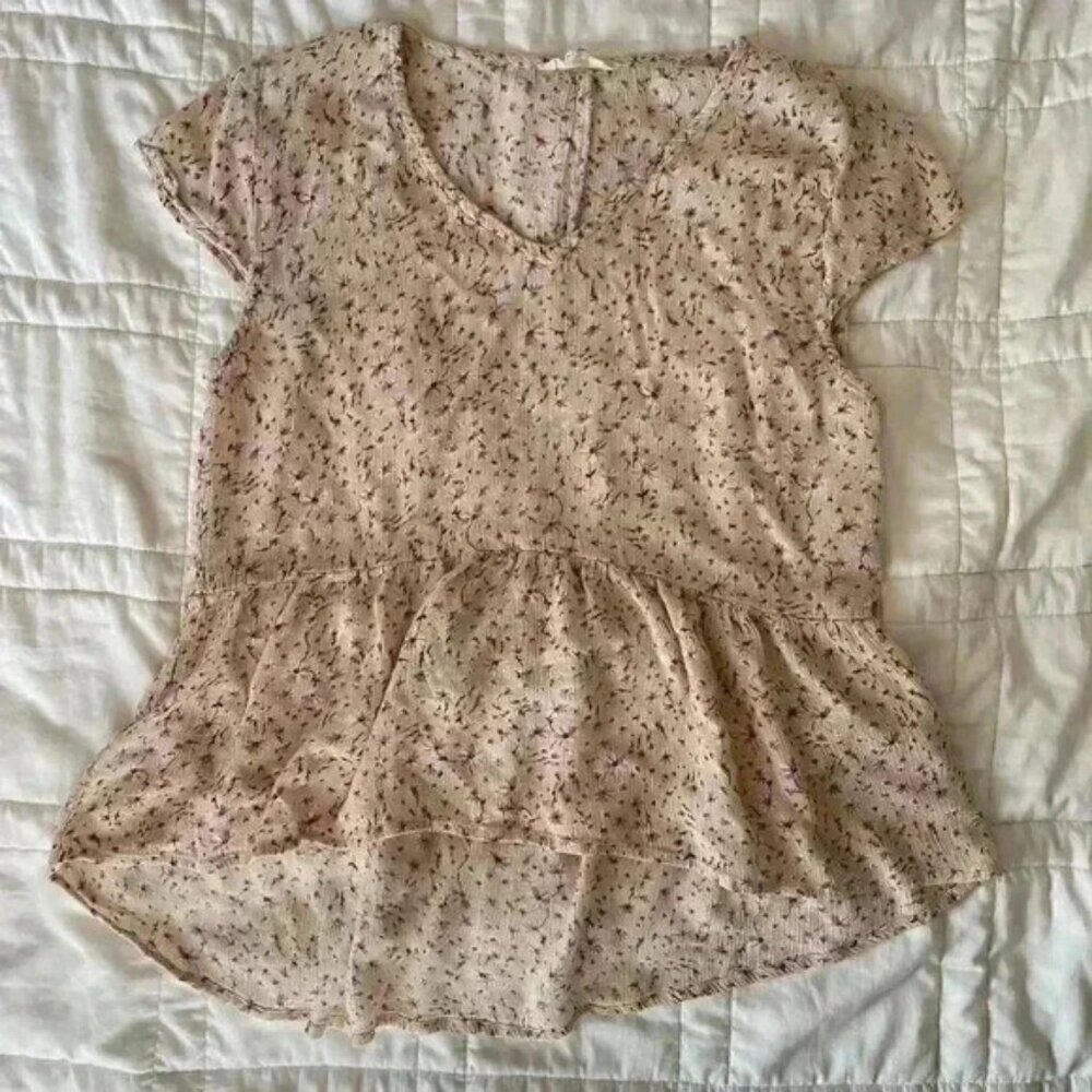 Sim & Sam Floral cottagecore flowy shirt small creamy yellow loose peplum